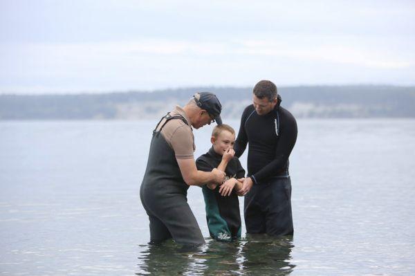 Baptism in Sequim Bay with Dungeness Community Church.