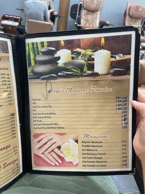 Menu given at pedicure chair