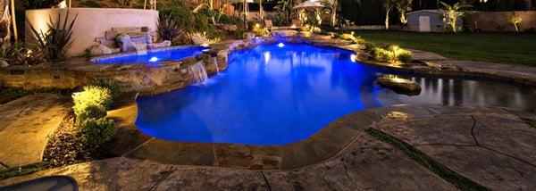 Colored pool lights add to the ambiance outside