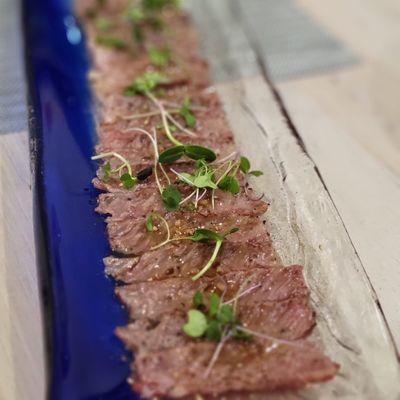 Torched Wagyu Beef w/ Yuzu Shallots, Microgreens