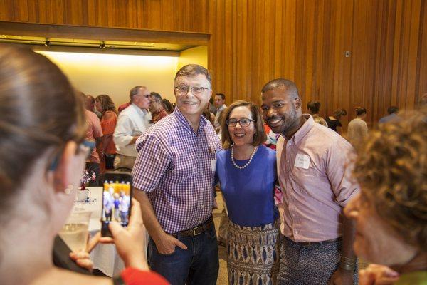 Mac's List Founder Mac Prichard, Oregon Governor Kate Brown, and Meyer Memorial Trust Communications and Engagement Specialist Darion Jones.