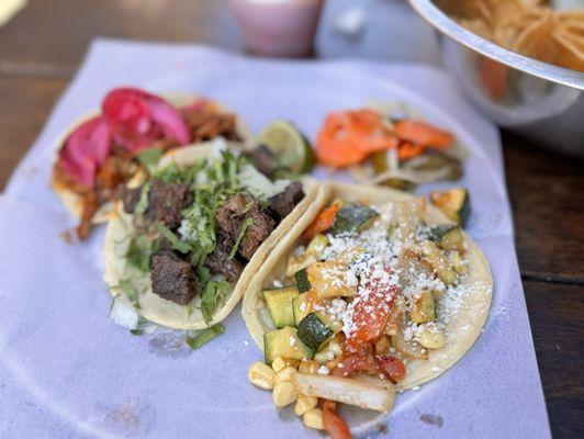 Cochinita pibil, cachetes, and calabazitas tacos