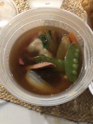 Wonton soup- loaded with veggies ( carrots, bok choy, water chestnuts, mushrooms) pork strips and large wontons!