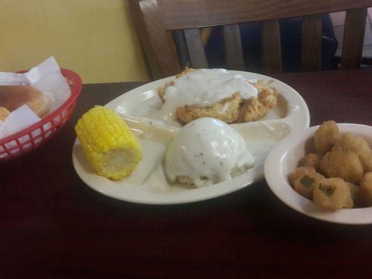 Chicken fried steak dinner with 3 sides, roll & corn muffin $6.49