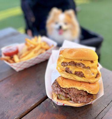 Fancy Cheeseburger (Double-$11), Hamburger (Double-$10), Fries ($4)