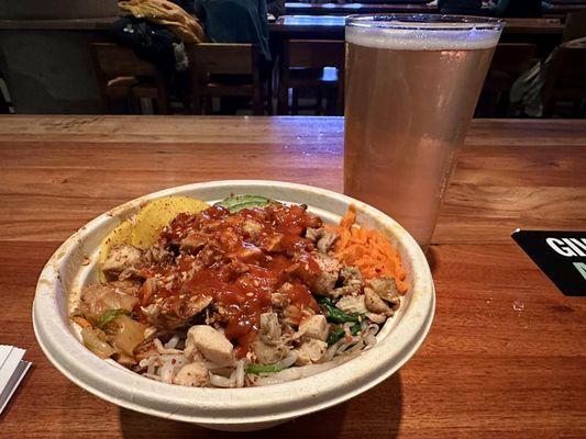 Korean Bimbimbap bowl, chicken, on greens, with no egg.  Proper Pint too