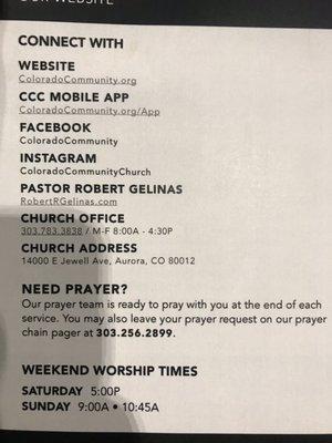 Service times. Ways to connect. Church phone number.