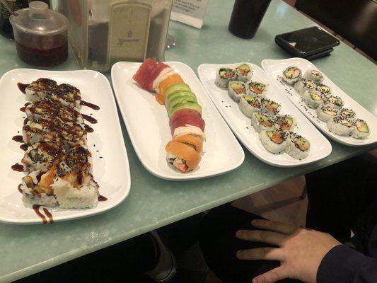 Shrimp tempura (good), rainbow roll (meh), Alaskan roll (good), California roll (bad)