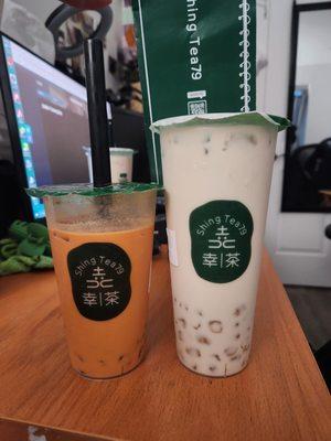 Thai Milk Tea with clear boba and the Oolong Milk Tea with clear boba