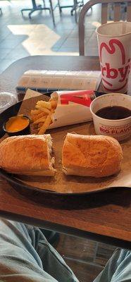 Been a minute French dip with Swiss combo Crinkle fries no salt cup cheese Coke Zero 6/16/23