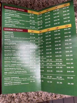 Pizza menu