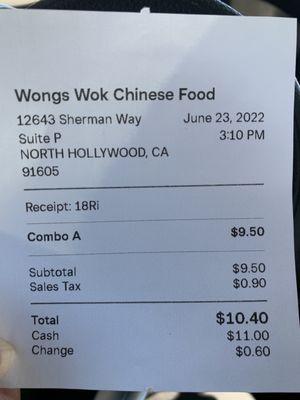 Receipt for 2-item combo plate (Chow Mien with Teriyaki chicken and Orange Chicken)