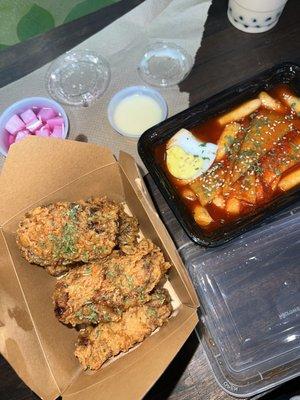 Soy garlic wings and teobokki! Which is rice and fish cake in sweet spicy sauce.