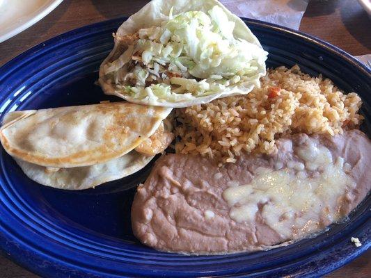 Combination with Shredded chicken soft taco, shrimp quesadilla, rice and beans