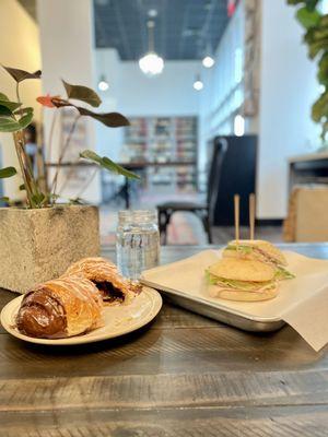 Chocolate Croissant and Honey Roasted Turkey Sandwich on a ciabatta roll.