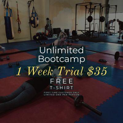 1 week unlimited Bootcamp classes, 35.00 t-shirt included