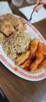 Sweet and sour chicken, almond chicken, and  pork fried rice.