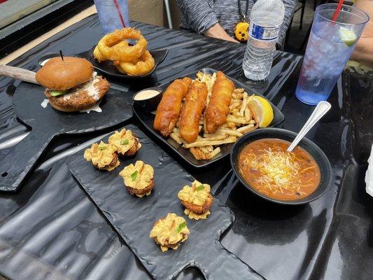 Fish and chips, chili, fried deviled eggs, blue cheese buffalo chicken sandwich