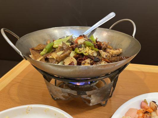 Pork Intestine with Hot Peppers in Flaming Pan