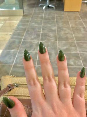 Dark forest green almond shape nails