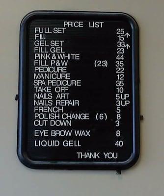 Price List for KV Nails