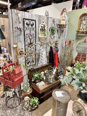 Terrific wall hangings for porch or sunroom. Antique trunk with interior shelf.