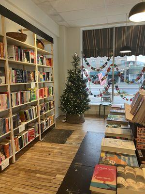 Golden Hour fiction section decorated for Christmas