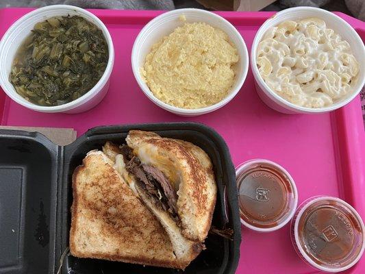 Grilled Cheese Brisket, Greens, Corn Pudding, Mac & Cheese