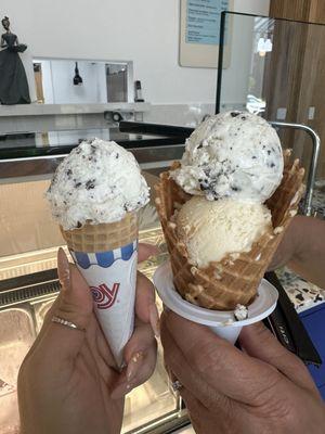 Left: kids cone - stracciatella Right: adult cone with Mediterranean mint bark and sea salt caramel