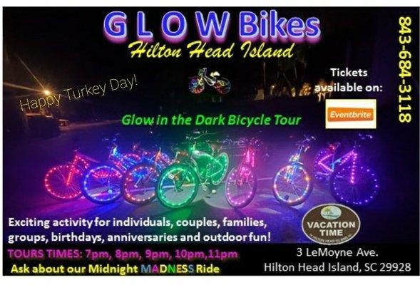 Glow Bikes Hilton Head Island! Glow in the dark bicycle tour. Stops along the way for music and photos!