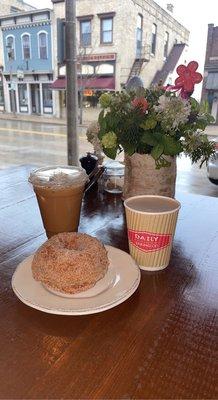 Iced Coffee, Hot Chocolate, Cinnamon Sugar Donut