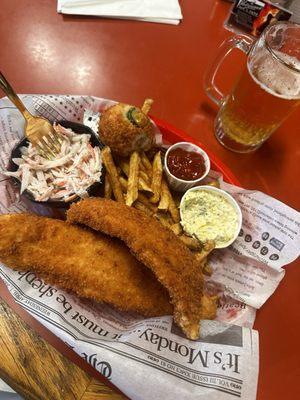 Fish and chips with hush puppies and fresh cut fries(never frozen)