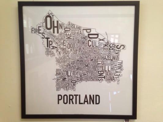 Cool Portland neighborhood map framed near the entrance.