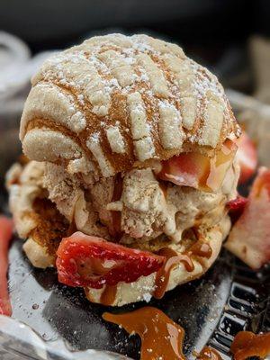 Mini Concha Ice Cream Sandwich with Horchata Ice Cream and a Dulce de Leche Drizzle