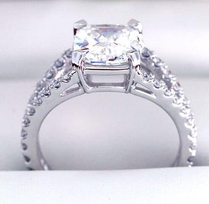 Cushion Diamond in a Split Shank Platinum Setting.