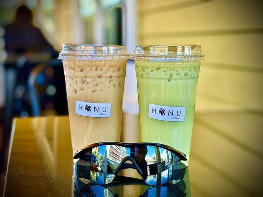 Decaf iced vanilla Latte and Iced Shamrock Latte with oat milk. Both were amazing!