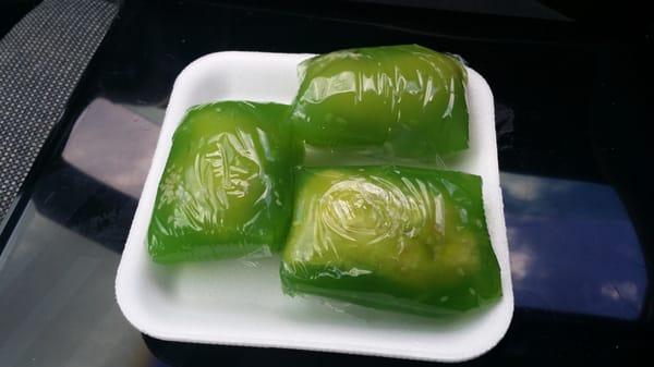 Some kind of gelatin dessert that has soybean inside of them