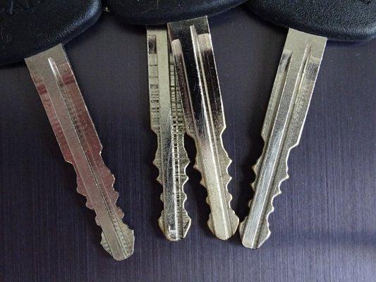 Prefectly working copy from Tins Locksmith on left, 3 bad copies from Key Shop on right of my scion xa master key.