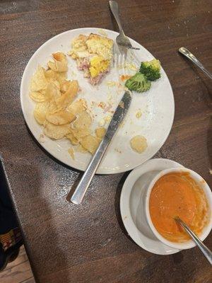 Croque Madame, Chips, Broccoli, and Tomato Basil Soup