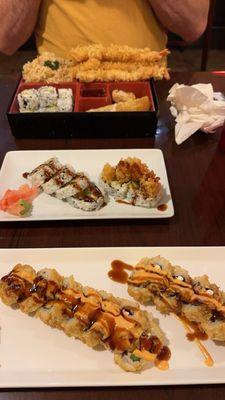 Bento box, Shrimp tempura roll, and Who Dat roll