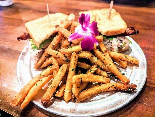 Chicken salad sandwich with garlic parmesan fries