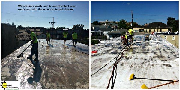 We pressure wash the roof with a commercial high powered pressure washer.