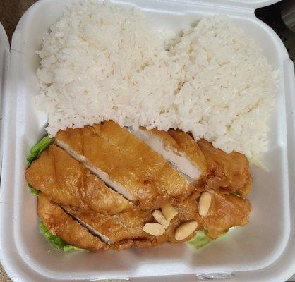 Combo #C5 with White Rice. Almond Boneless Chicken.