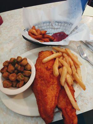 Flounder, okra, fries, hush puppies.