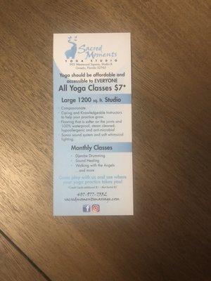 Yoga Classes are $7 plus $2 if you need a mat and $1 if you're using a credit card