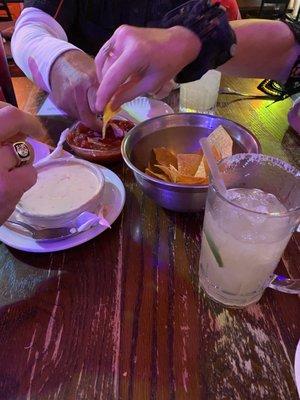 Salsa, cheese dip, margarita