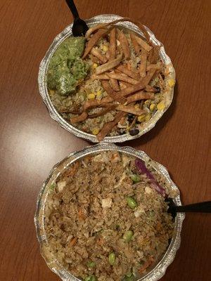 Enchilada bowl made vegan with tofu, hold the cheese.  Teriyaki bowl made vegan with tofu.