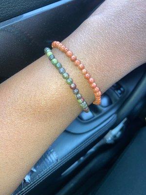 Dragons blood Jasper, Goldstone (and an ashy wrist) dainty beaded bracelet