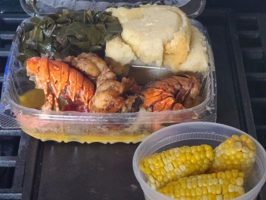 Garlic butter lobster tails. Mashed potatoes. Collards. Corn. Yummy!