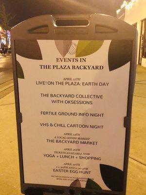 Live on the Plaza:  Events in the Plaza Backyard Sign for April 2019